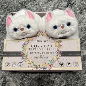 Pink Sky Cozy Cat Heated Slippers‎ Battery Powered White New In Box